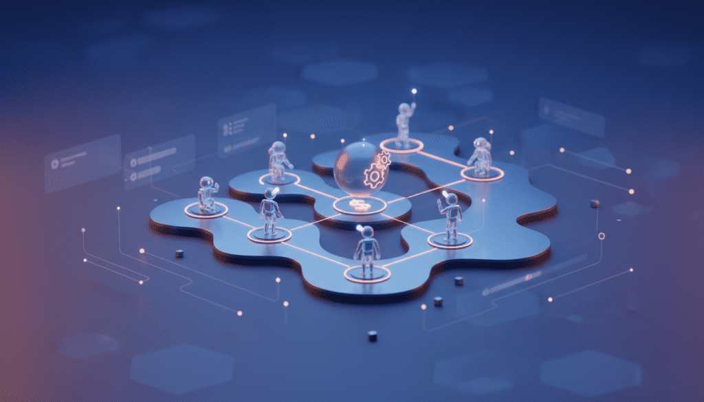 Un renderizado 3D de un entorno tecnológico abstracto y futurista sobre un fondo azul oscuro, que presenta un organigrama o red de interacción en red, con pequeños personajes de cristal conectados entre sí por líneas brillantes en una red de múltiples nodos. Las líneas de luz forman caminos que se ramifican desde los personajes de cristal hacia otras partes del diagrama. Varias figuras de cristal con pose humana están de pie sobre los nodos alrededor de la formación central. En el centro de la escena, hay una esfera de cristal flotante que muestra dos engranajes mecánicos en su interior, con un signo de dólar ($) justo debajo. Las líneas de luz se extienden desde la esfera central hacia otros nodos, y los personajes de cristal están parados en estos nodos. La escena está llena de formas hexagonales flotantes, líneas de luz en movimiento e interfaces de usuario futuristas que muestran varios gráficos y datos. El fondo es de un azul oscuro con formas hexagonales sutiles y bokeh. Las figuras de cristal y la red central brillan intensamente, con toques de azul claro, rosa y amarillo pálido que se mezclan para formar un brillo vibrante y cautivador. La composición general es equilibrada y dinámica, con una sensación de tecnología avanzada y progreso.