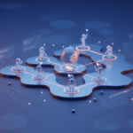 Un renderizado 3D de un entorno tecnológico abstracto y futurista sobre un fondo azul oscuro, que presenta un organigrama o red de interacción en red, con pequeños personajes de cristal conectados entre sí por líneas brillantes en una red de múltiples nodos. Las líneas de luz forman caminos que se ramifican desde los personajes de cristal hacia otras partes del diagrama. Varias figuras de cristal con pose humana están de pie sobre los nodos alrededor de la formación central. En el centro de la escena, hay una esfera de cristal flotante que muestra dos engranajes mecánicos en su interior, con un signo de dólar ($) justo debajo. Las líneas de luz se extienden desde la esfera central hacia otros nodos, y los personajes de cristal están parados en estos nodos. La escena está llena de formas hexagonales flotantes, líneas de luz en movimiento e interfaces de usuario futuristas que muestran varios gráficos y datos. El fondo es de un azul oscuro con formas hexagonales sutiles y bokeh. Las figuras de cristal y la red central brillan intensamente, con toques de azul claro, rosa y amarillo pálido que se mezclan para formar un brillo vibrante y cautivador. La composición general es equilibrada y dinámica, con una sensación de tecnología avanzada y progreso.