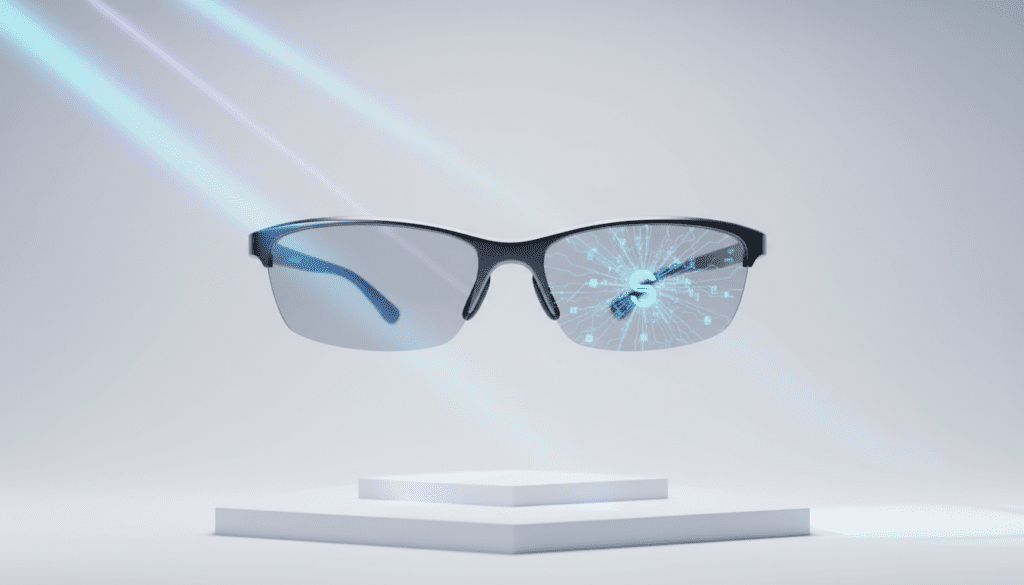 Diseño conceptual de las nuevas gafas inteligentes con IA de Samsung del Proyecto HAEAN, destacando la cámara y su montura elegante.