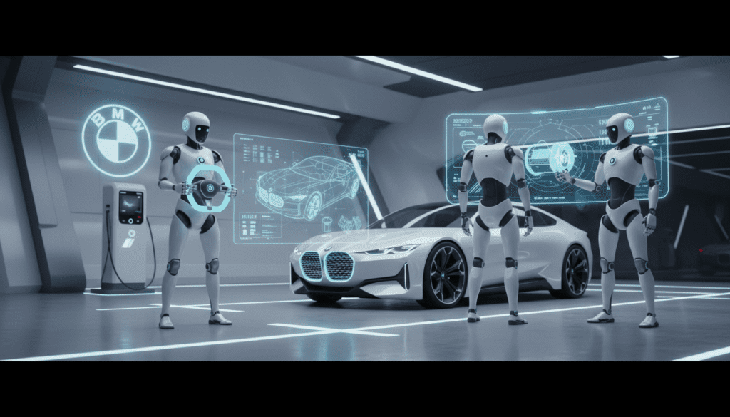 Uno de los robots humanoides en BMW trabajando en la línea de montaje automotriz en la planta de Leipzig.
