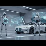 Uno de los robots humanoides en BMW trabajando en la línea de montaje automotriz en la planta de Leipzig.