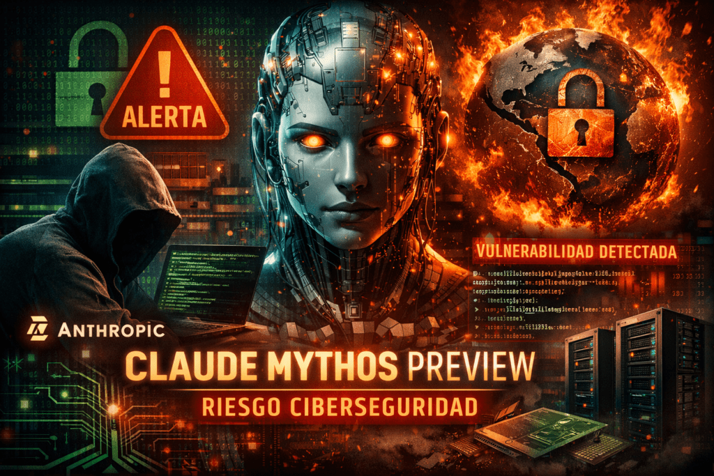 Ilustración sobre Claude Mythos Preview de Anthropic y sus riesgos de ciberseguridad, con un hacker, una IA humanoide y alertas de vulnerabilidad.