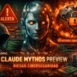 Ilustración sobre Claude Mythos Preview de Anthropic y sus riesgos de ciberseguridad, con un hacker, una IA humanoide y alertas de vulnerabilidad.