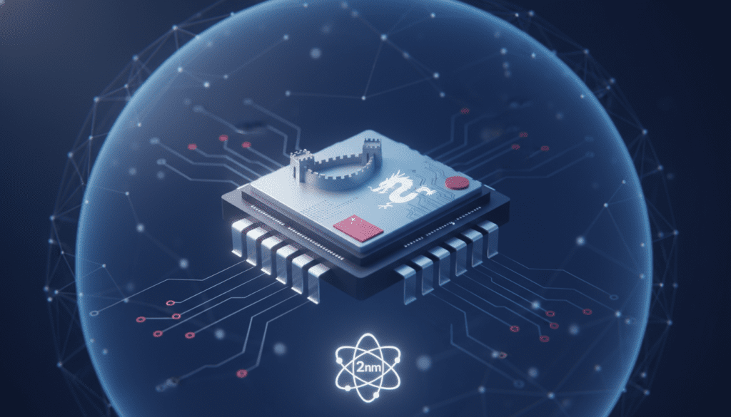 Diseño conceptual del nuevo chip de IA de 2 nm de China desafiando el mercado global de los semiconductores.